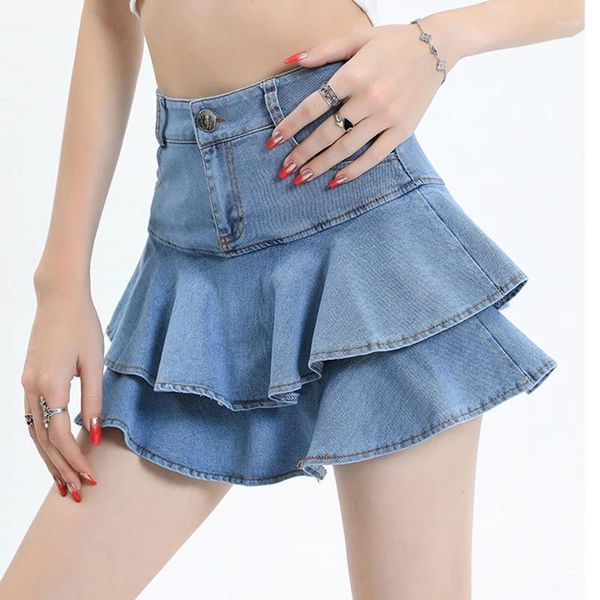 Röcke Gidyq Rüschen Frauen Denim Sommer Mode Koreanische Hohe Taille Mini Y2K Kausalen Alle Spiel Weibliche Blaue Jeans