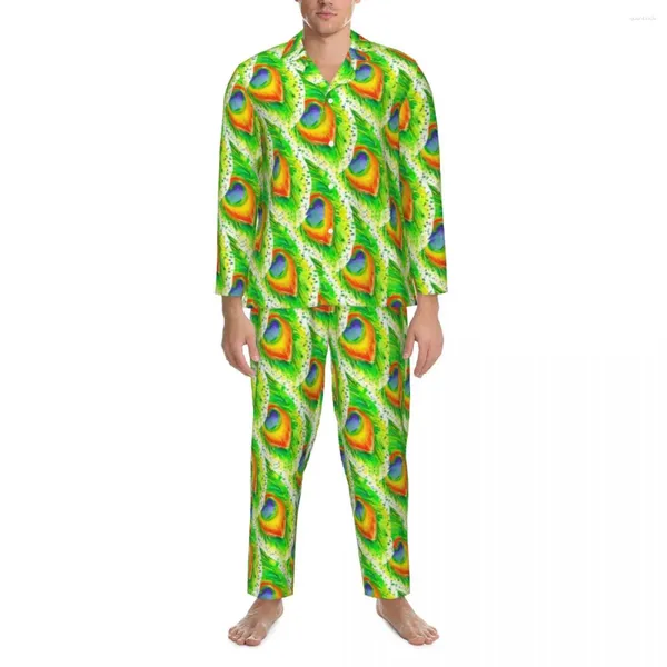 Мужская одежда для сна, пижамный комплект с принтом павлина, осенний пижамный комплект с акварельной живописью, милый ночной человек, комплект из двух предметов, винтажная ночная рубашка большого размера на заказ