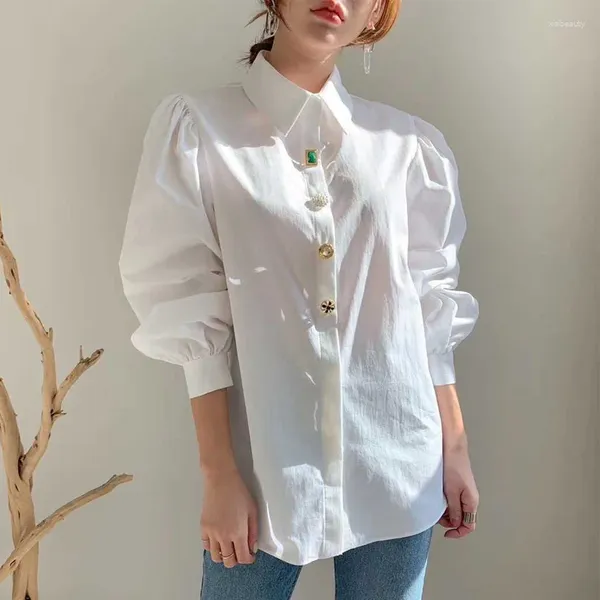 Blusas femininas camisas femininas blusa vintage francesa primavera botão até camisa gola longa manga longa pérola slim branco tops lanterna