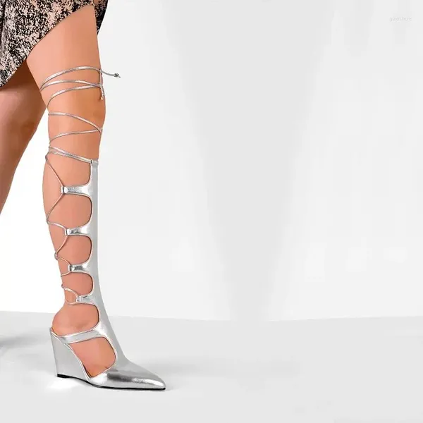 Sandalen mit Keilabsatz, hohl, kniehoch, Schnürung, Splitter-Lackleder, Sommer-Gladiatoren, Slingback, spitze Zehen, sexy, einzigartige Schuhe