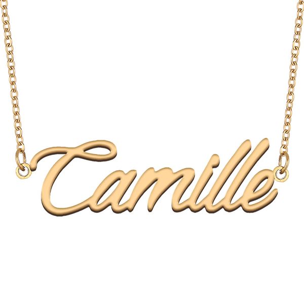 Collana con nome Camille Ciondolo con targhetta personalizzata in oro per donne, ragazze, regalo di compleanno per bambini, migliori amiche, gioielli, acciaio inossidabile placcato oro 18k