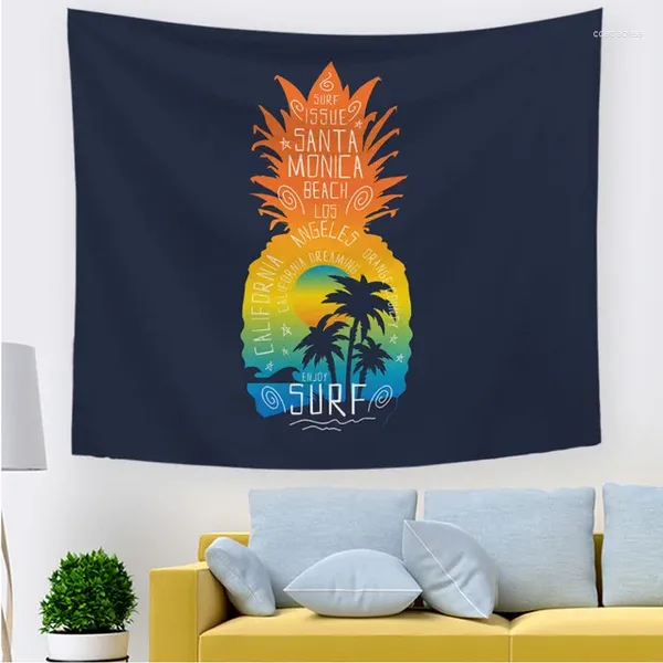 Arazzi Arazzo da parete Summer Beach Ananas Appeso Onde del mare Blu Bianco Hippie Decorazione per la casa Colore caldo