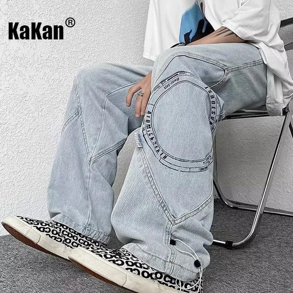 Jeans masculinos Kakan - High Street Design Feeling Small e Bomb Wear Loose Straight Leg Casual Long Jeans63-705