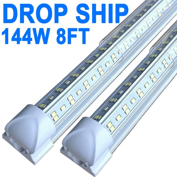 Luz de loja LED de 8 pés, 144W 14400LM 6500K, luzes de tubo LED conectáveis com tampa transparente, iluminação LED T8 integrada em forma de V, luzes de teto LED para oficina de garagem crestech