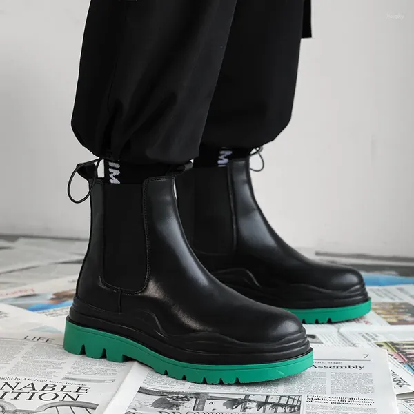 Botas 2024 na moda masculina tornozelo couro grosso sola estilo britânico curto pelúcia alta top