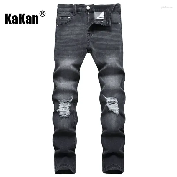 Jeans masculinos Kakan - angustiado na moda personalizado preto para homens slim fit reto cintura média longa K19-8832