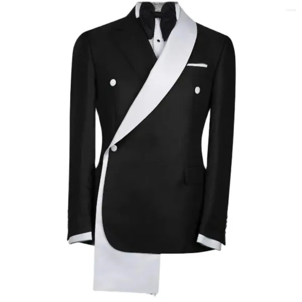 Abiti da uomo Abiti da uomo unici Collo a scialle Doppio petto Blu scuro/Avorio/Nero Blazer Abiti da sposa Giacca Cappotto Su misura