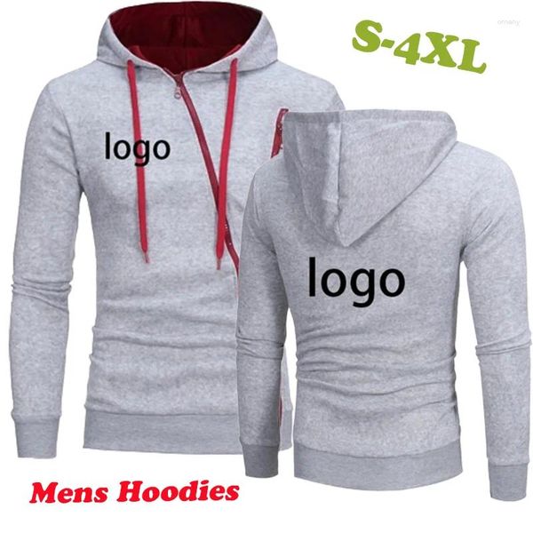 Hoodies masculinos logotipo personalizado zíper oblíquo primavera outono com capuz street wear moda casual diy design impressão moletom masculino topo