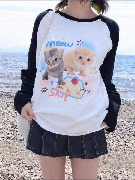 Damen T-Shirts ADAgirl Kawaii Katze Print T-Shirts Frauen Japan Stil Kätzchen Raglanärmel Cutecore Tops E-Girl T-Shirt für Teenager Mädchen