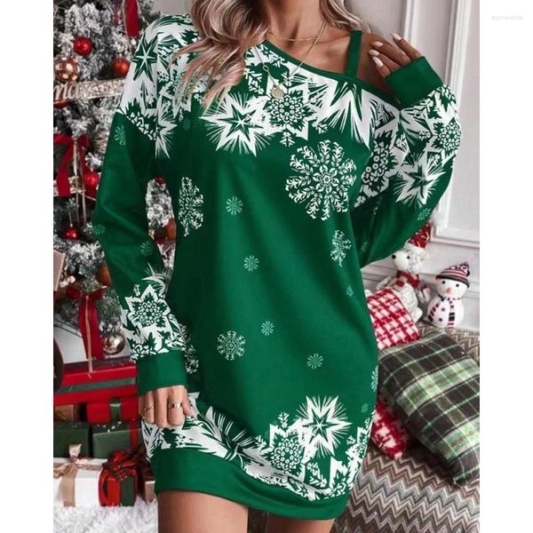 Vestidos casuais natal mulheres floco de neve impressão manga longa skew pescoço vestido feminino outono mini cinta curto ano presente vestidos