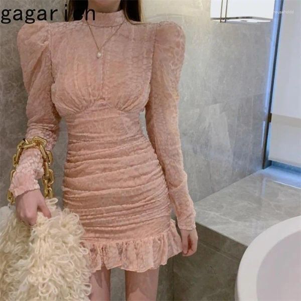 Vestidos casuais gagarich moda coreana 2024 doce temperamento puff mangas fishtail primavera outono magro rosa hip bodycon senhora vestidos