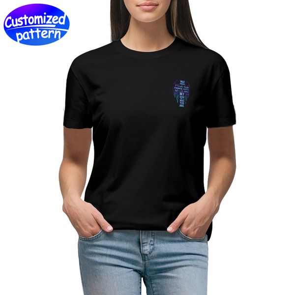 Benutzerdefiniertes Damen-HD-Boutique-Kurzarm-T-Shirt mit doppeltem Aufdruck auf der Brust und hinten, verstärktem Rundhalsausschnitt. Schweißabsorbierend. Atmungsaktive, doppelt gefaltete Bündchen. 100 % Baumwolle, 145 g, Schwarz