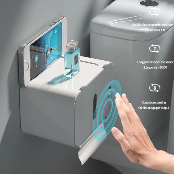 2024 Wandmontierter intelligenter Toilettenpapierhalter, stanzfreier Badezimmer-Tücherbox, automatischer Toilettenpapierspender, Badezimmerzubehör 240223