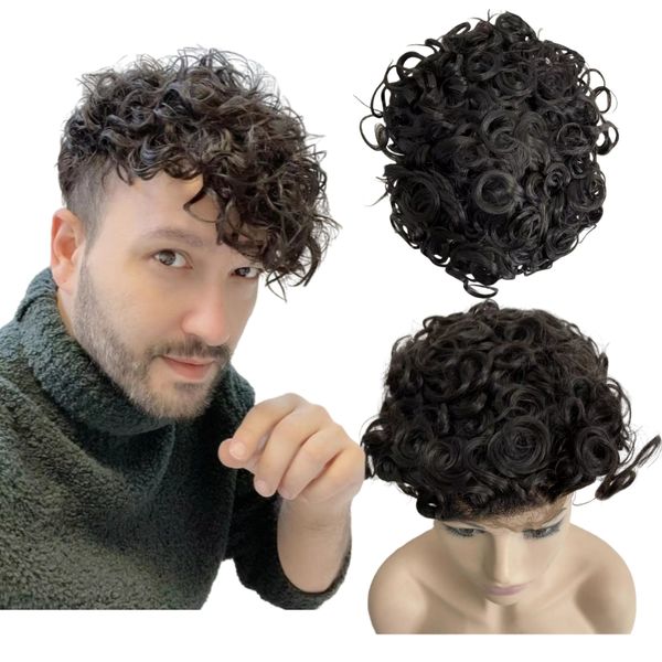 Substituição de cabelo humano virgem indiano 19mm onda solta # 1B nós branqueados peruca de renda completa para homens