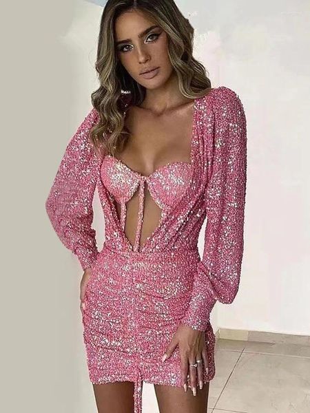 Vestidos casuais mulheres luxo rosa vestido de baile curto manga longa dupla camada bodycon ruched lantejoulas sparky mini noite clube festa