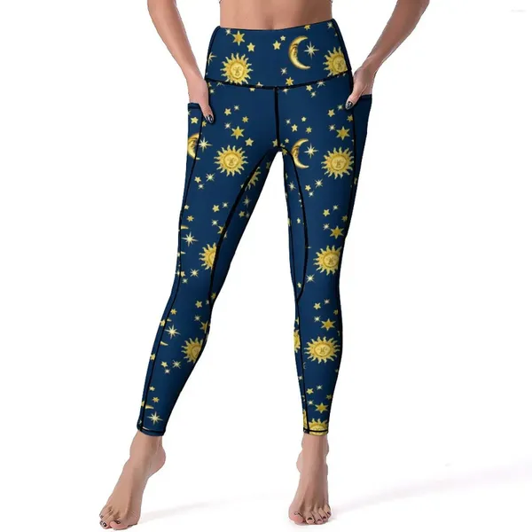 Calças ativas sol lua estrelas leggings bonito impressão trabalhar yoga push up vintage esportes collants bolsos elásticos legging personalizada