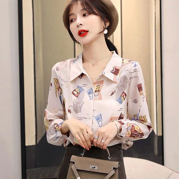 Blusas femininas moda elegante camisas senhoras coreano dos desenhos animados impressão topos primavera outono manga longa chiffon blusas mujer