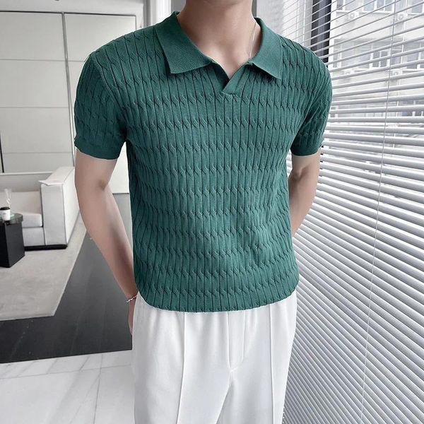 T-shirt polo da uomo Polo in jacquard lavorata a maglia con scollo a V sottile color ghiaccio Polo slim da vacanza Abbigliamento casual a maniche corte Morbido