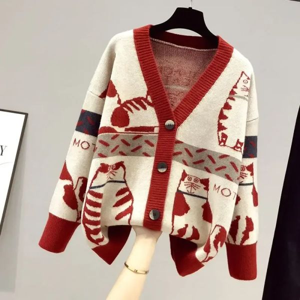 Strickjacken Cartoon Katze Strickjacke frauen Pullover Mantel 2023 Herbst/Winter Neue Lose Oberbekleidung Frische VNeck Top