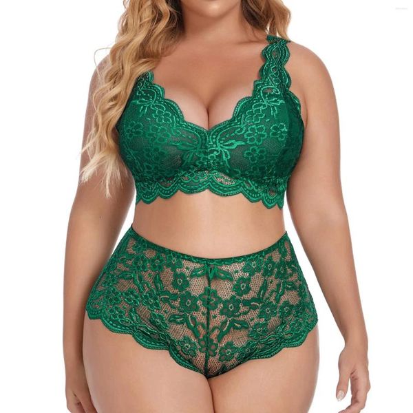 Bras Define Mulheres Plus Tamanho Lingerie Conjunto Sexy V pescoço de cintura alta renda flora