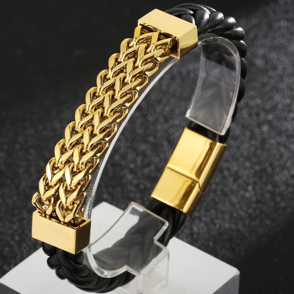 Pulseiras pulseira de couro para homens banhado a ouro aço quadrado franco curb corrente pulseiras masculinas com fecho magnético na mão masculino jóias homem