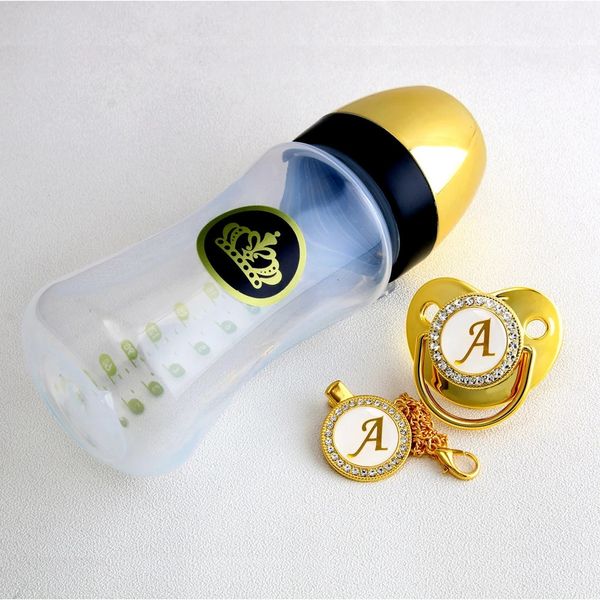 Set biberon e ciuccio in oro da 240 ml con clip a catena Kit bling da 26 lettere senza BPA 240223