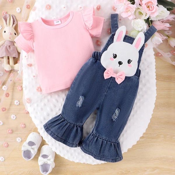 Set di abbigliamento Neonata 2 pezzi Abiti primavera-estate Top a maniche corte con volant Salopette in denim Set di vestiti carini