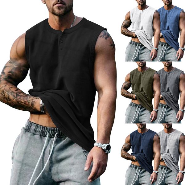 Canotte da uomo Mens Summe Gilet in cotone e lino Tinta unita Bottoni larghi con scollo a V Tasca senza maniche T-shirt Abbigliamento streetwear maschile