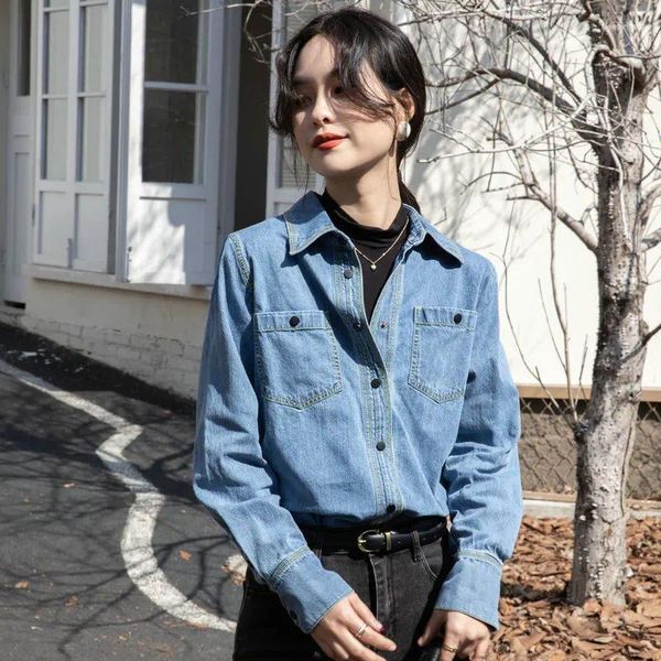Blusas femininas vintage camisa jeans única gola virada para baixo manga completa outono camisas azuis soltas blusa de menina reta topos