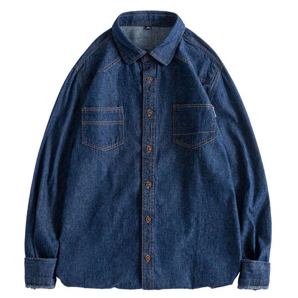 Primavera e outono denim camisas de manga comprida para homem, casual e elegante multi bolso topos, jaquetas, camisas jeans, ajuste solto