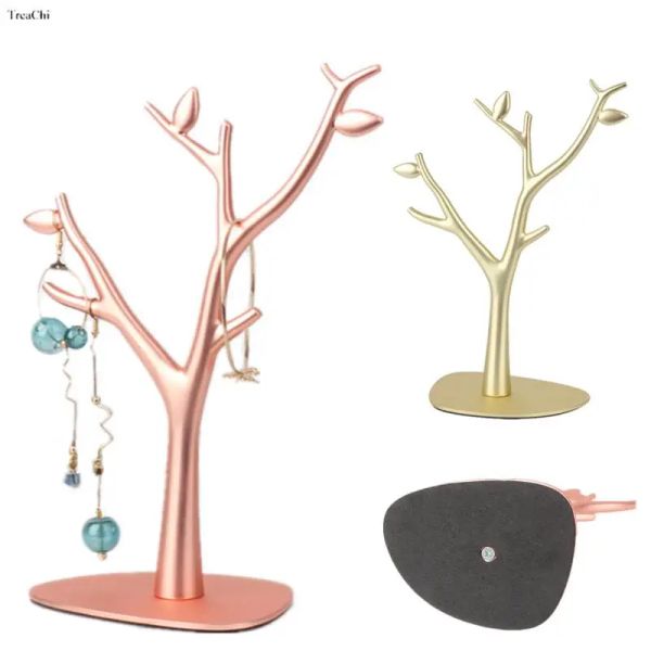 Indietro Espositore per albero di moda Orecchini Portaoggetti in metallo Porta collane Vetrina per gioielli con decorazione da scrivania in lega di zinco oro rosa