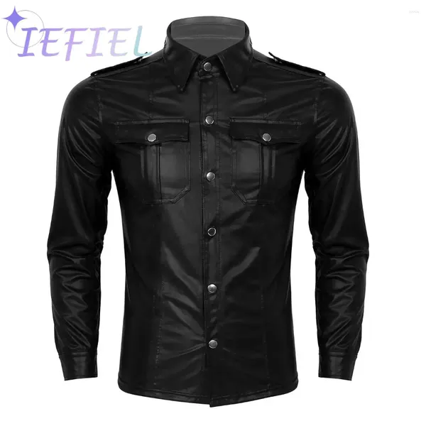 Herrenhemden Männer Motorrad Lederjacke Mantel Punk-Stil Langarm Button-Down Slim Fit Nachtclub Club Wear