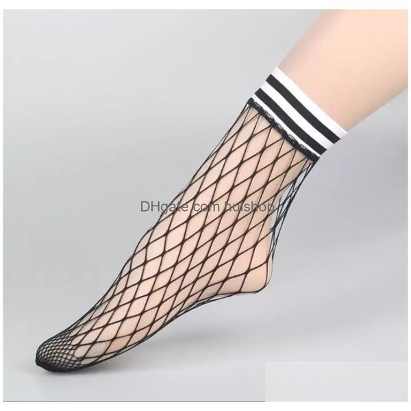 Meias Hosiery Fishnet Tornozeleira Moda Mulheres Big Net Malha Listrada Tripulação Cuff Tornozelo Meias Curtas Preto Branco Gota Entrega Vestuário Dhgat