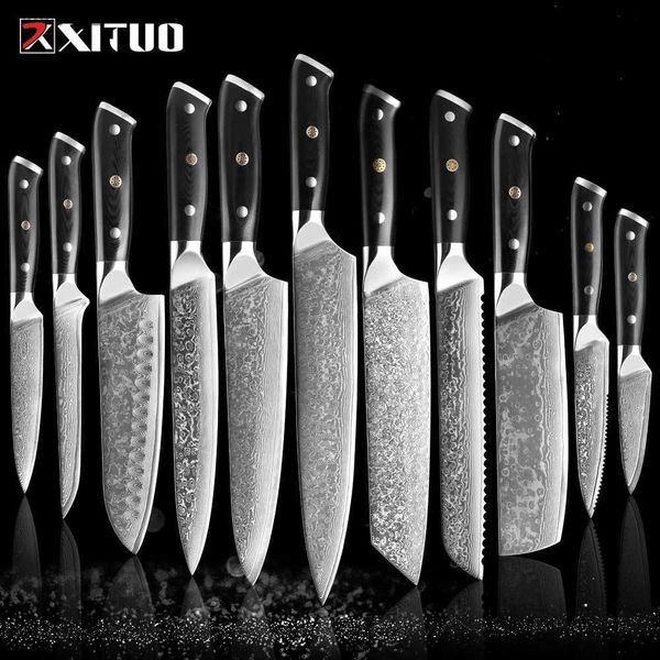 Küchenmesser XITUO 1-9-teiliges Damastmesser-Set G10-Griff VG10-Kern 67 Schichten Damaststahl Chef Santokumesser Hackmesser Schälbrotmesser Q240226