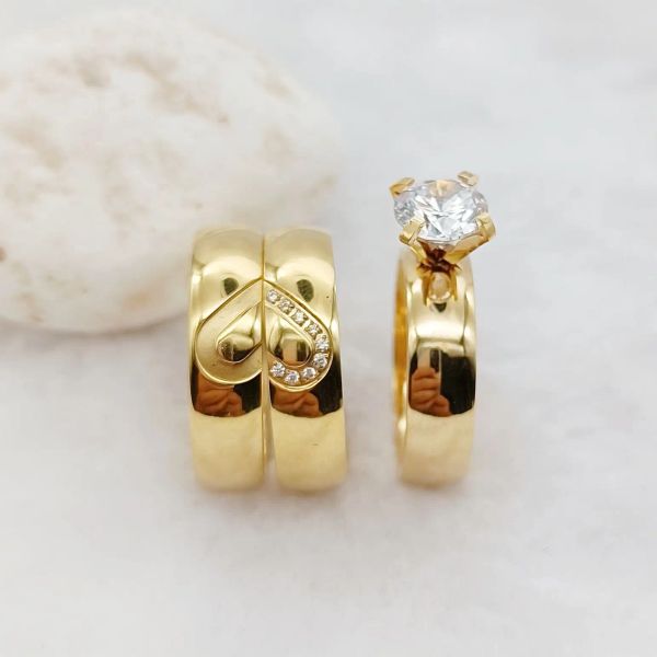 Anéis de designer amantes corações conjuntos de anéis de noivado de casamento para casais 24k banhado a ouro moda jóias cz diamante anel de dedo
