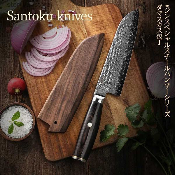 Facas de cozinha Kyokuto 67 camadas V ouro 10 aço Damasco martelando faca de cozinha facas de chef facas santoku de 7 polegadas Cutelo bainha de madeira grátis Q240226