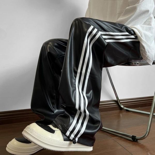 Calças masculinas lado listra calça de couro homens mulheres streetwear moda solta casual hip hop vintage reta pu carga calças