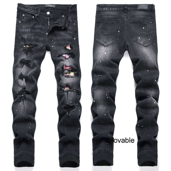 Fashions hilovable AM New High Street Youth Black Burnout Patch Hot Diamond Elastic Tight Skinny Jeans Trendy Men 3531