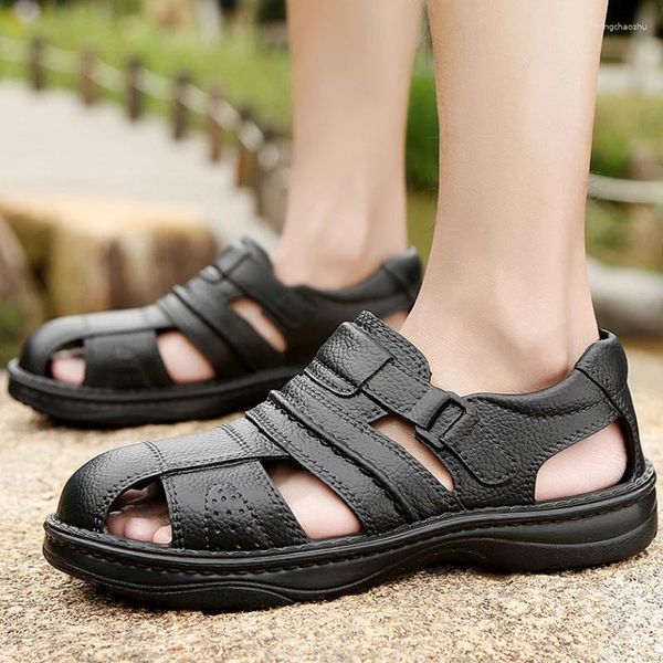 Sandalen Herren Hohl Leder Vintage Einfarbig Runde Kappe Weiche Sohlen Wanderschuhe Casual Walking Hausschuhe Alias Hombre