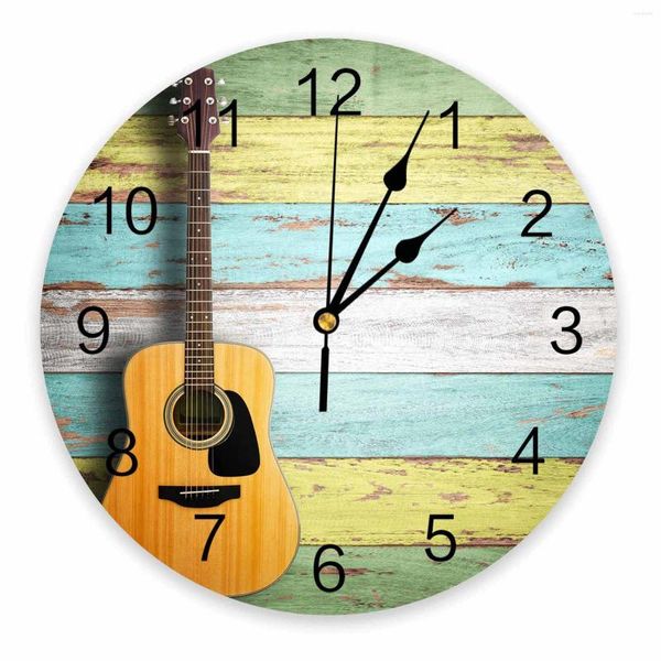 Orologi da parete Tavola di legno Chitarra Orologio rotondo decorativo Numeri arabi Design senza ticchettio Grande per camere da letto Bagno