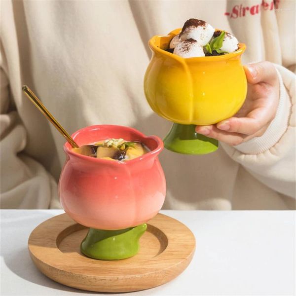 Tazze Tazza con fiori di tulipano sfumato Ragazza carina Tazze in ceramica pizzicate a mano Tazza per gelato Tazza da dessert Cereali Latte Caffè