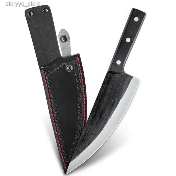 Mutfak Bıçakları Amber Bıçağı El yapımı dövme karbon çelik siyah bıçak mutfak şef bıçağı açık aletler doğrama bıçağı q240226