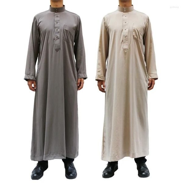 Abbigliamento etnico Arabia Saudita Caftano da uomo a maniche lunghe Abito musulmano lungo Colletto tradizionale Preghiera islamica Qamis Medio Oriente Thobe