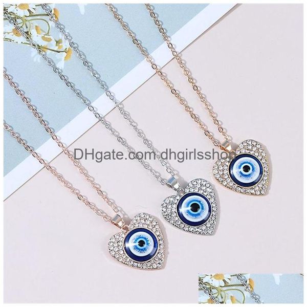 Anhänger Halsketten Evil Blue Eye Halsketten Choker Schmuck Strass Herz Rundes Design Anhänger Schlüsselbein Kette Halskette Silber Roségold Dhnxy