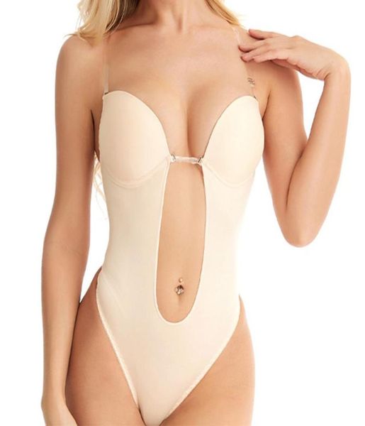 Bodysuit shapewear profundo decote em v corpo shaper sem costas u mergulho tanga shapers cintura trainer feminino cinta clara acolchoado push up espartilho 23244237