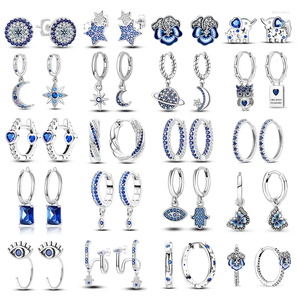 Серьги-кольца сияющий синий циркон Сова серебро 925 пробы сглаза для женщин свадьба помолвка планета луна звезда цирконий ювелирные изделия