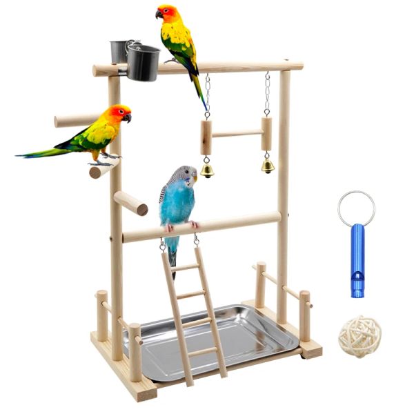 Brinquedos papagaio playstands com copo brinquedos bandeja pássaro balanço escalada pendurado escada ponte madeira cockatiel playground poleiros de pássaros 40x23x36cm