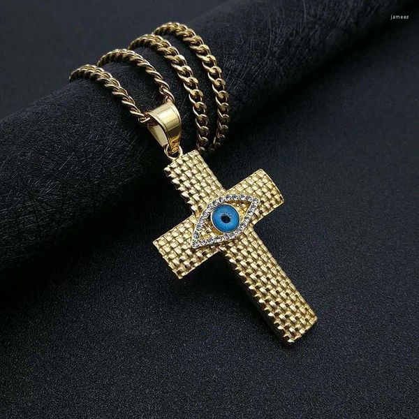 Anhänger Halsketten Edelstahl Strass Jesus Kreuz Auge des Horus Für Männer Gepflasterte Kristall Gold Farbe Halskette Mit Kette Hip Hop Schmuck