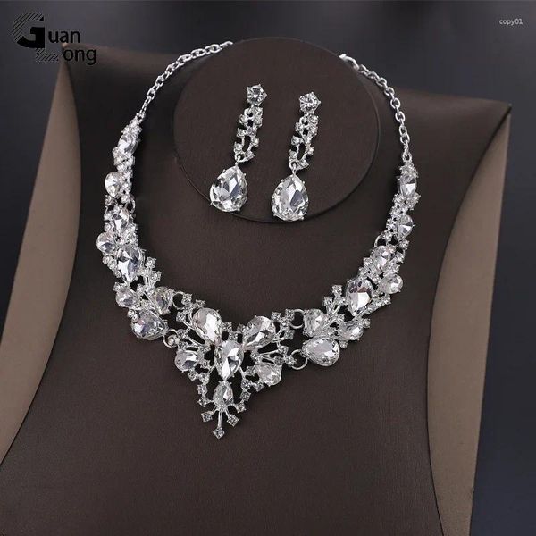 Halskette Ohrringe Set GuanLong Koreanische Süße Romantische Braut Hochzeit Kristall Strass Für Frauen Bankett Schmuck Großhandel