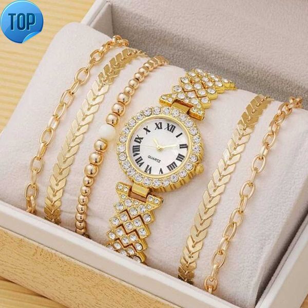 Trendy 6 pezzi braccialetti con perline placcati oro 18 carati set di gioielli per bracciale a catena orologi di lusso con diamanti al quarzo romano